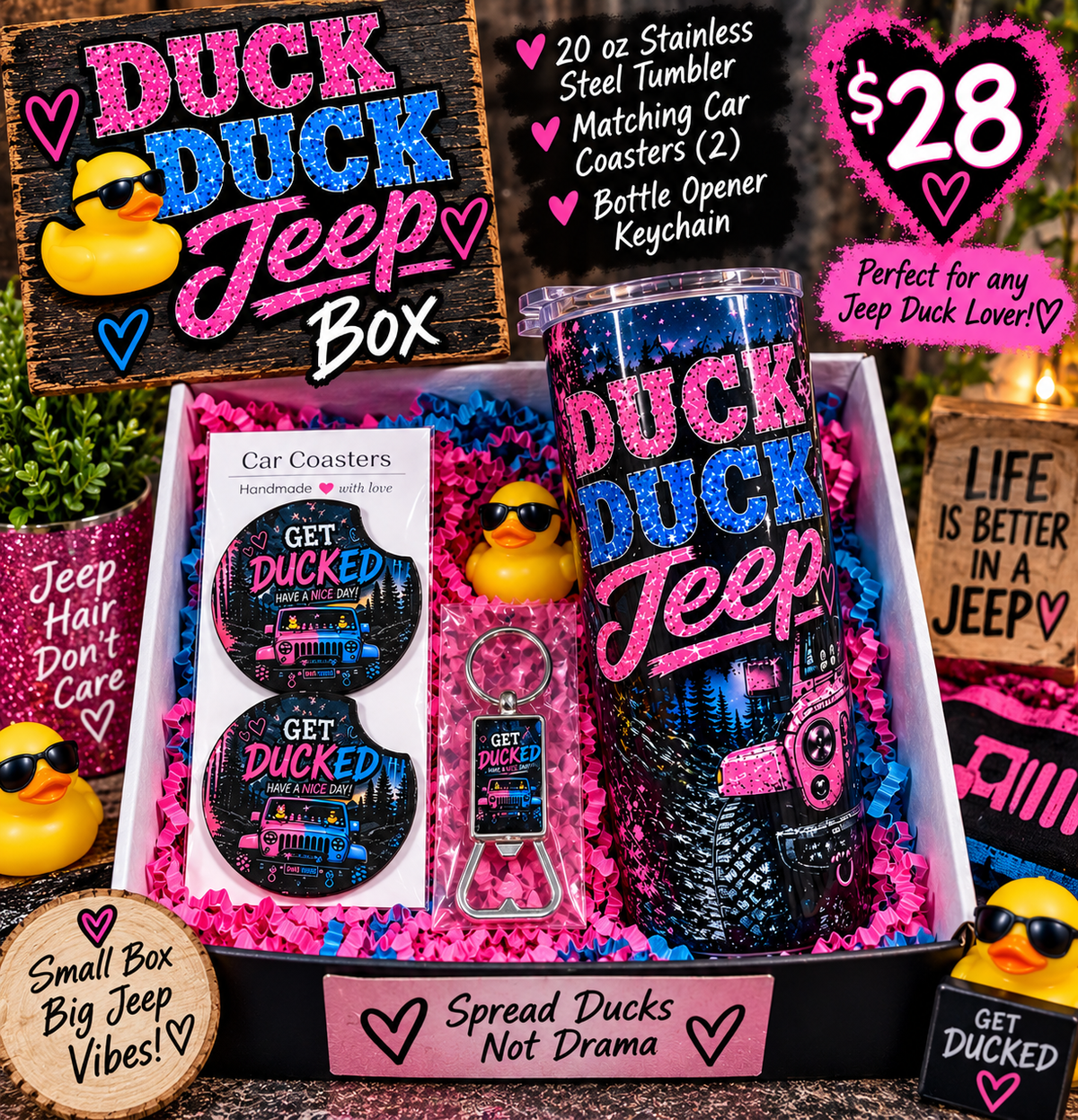 Duck Duck Jeep gift box with 20 oz tumbler, matching car coasters and bottle opener keychain